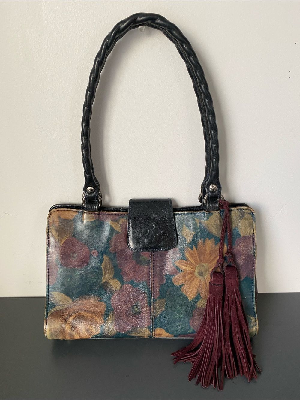Patricia Nash Multicolor Floral Leather Shoulder Bag & Wallet Burgundy Tassel - Picture 3 of 16